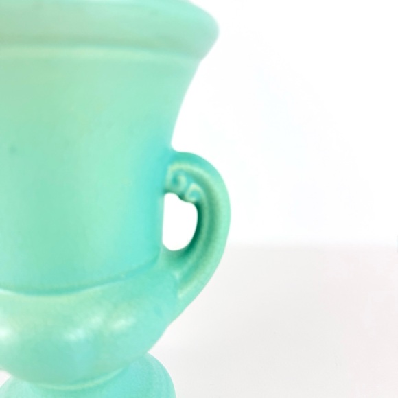 Antique Pottery Art Trophy Vase Small Aqua/Turquoise Handled 5.5x4x5 Inches - Picture 5 of 15